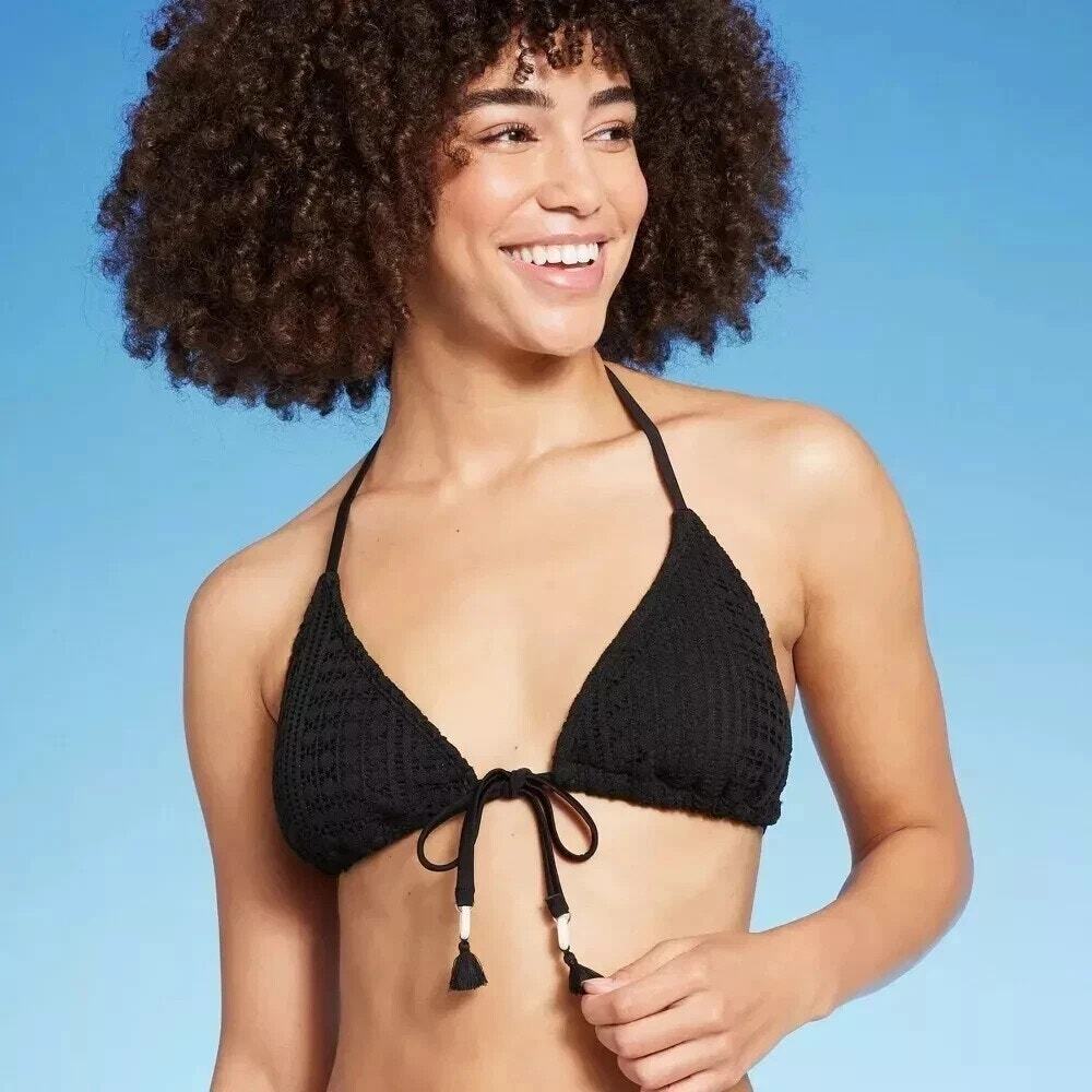 Wild Fable Black Crochet Triangle Bikini Top Size L Tassel Shell Swim Top NWOT